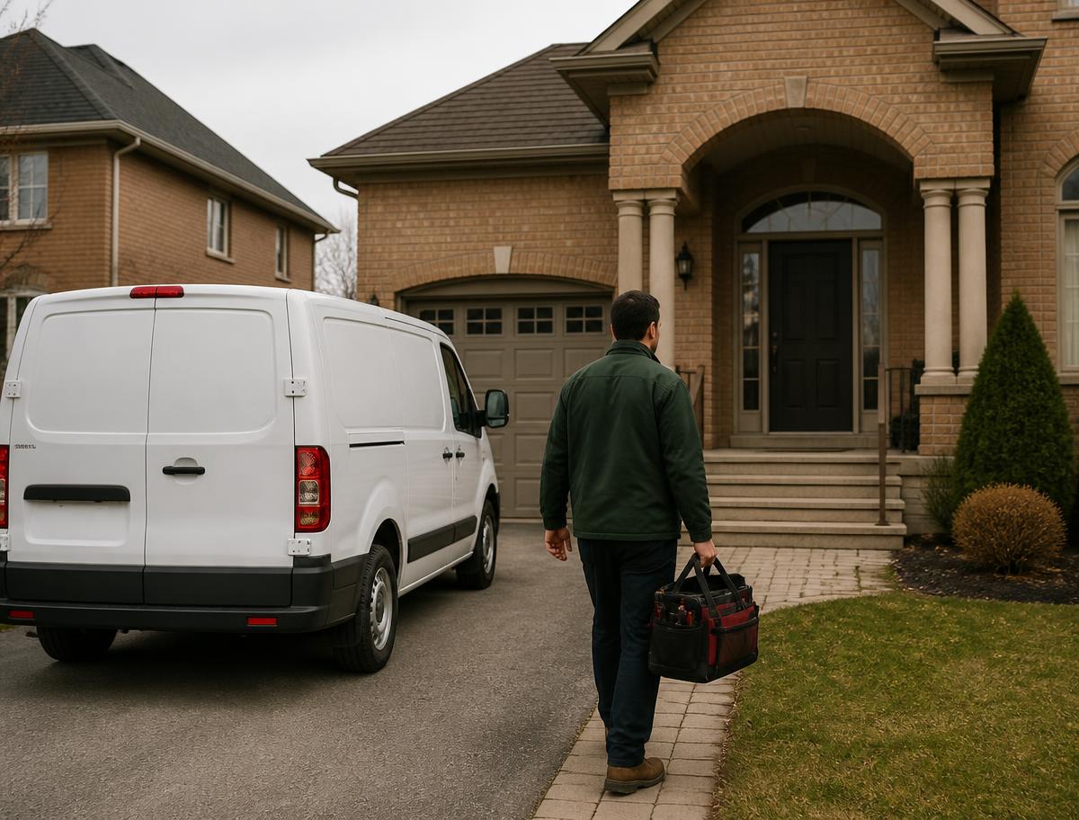 Plumber arriving at a Burlington home with a tool bag