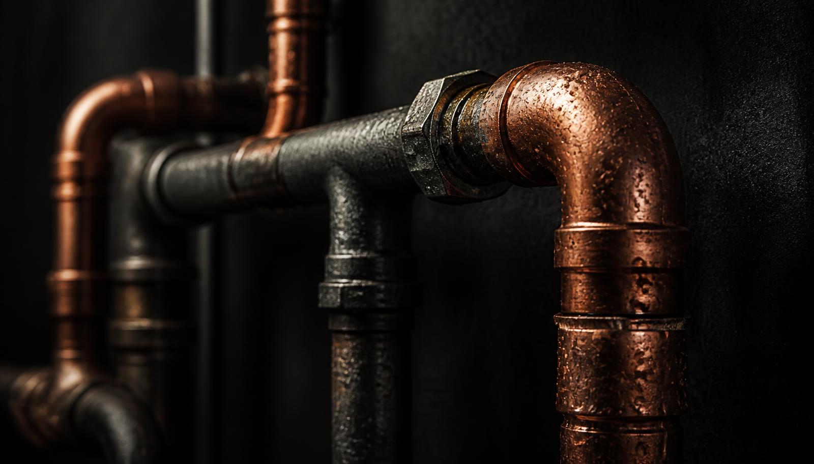 Copper and steel plumbing pipes in a dark utility space